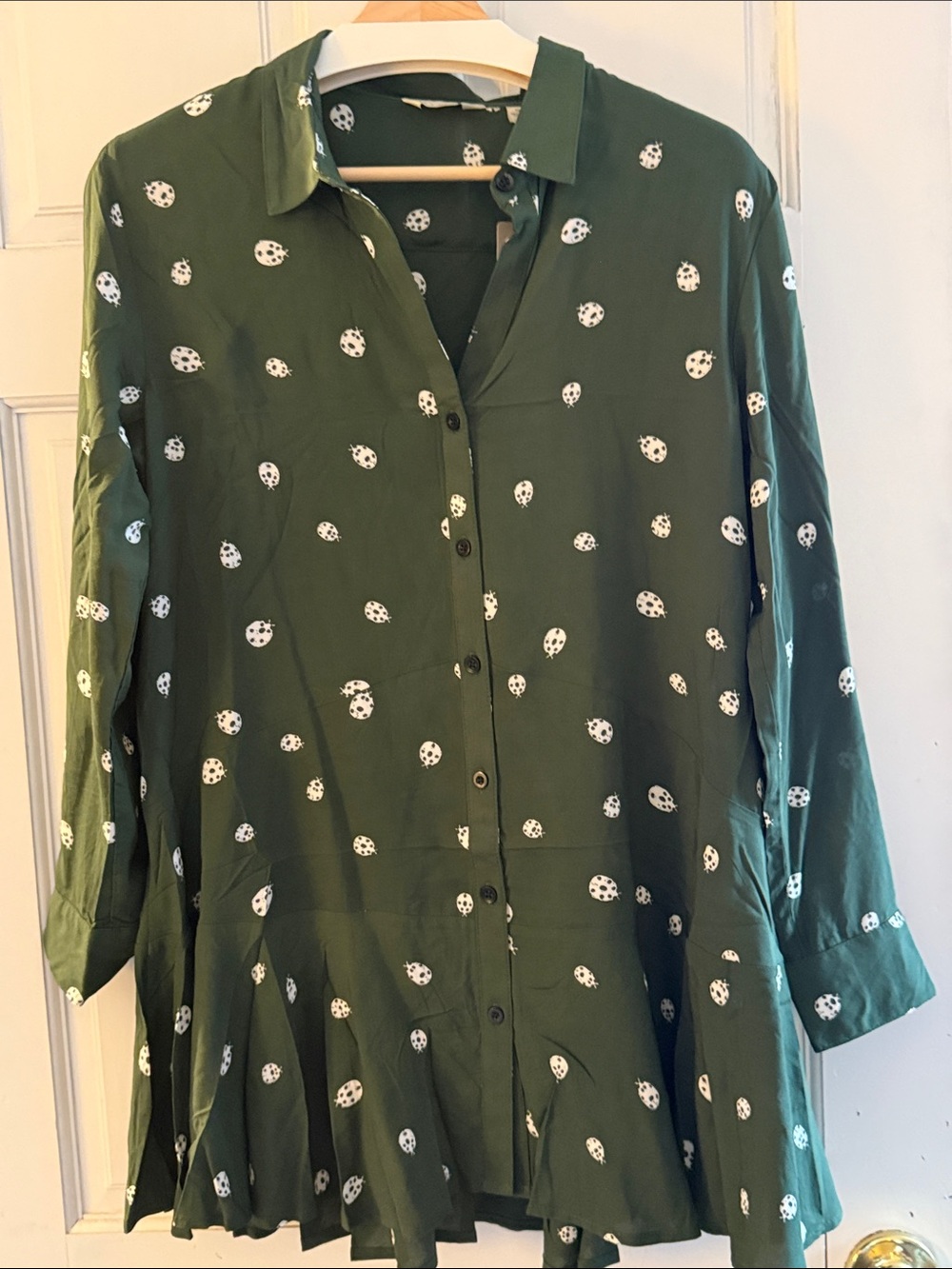 11-1-Tylho Anthropologie Green Ladybug Print Button Down Blouse Top S NWT
